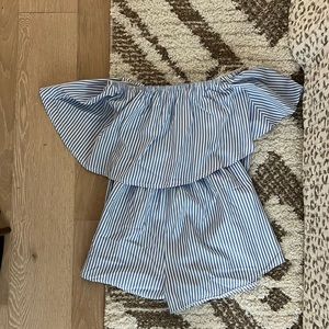 Princess Polly blue and white striped strapless romper